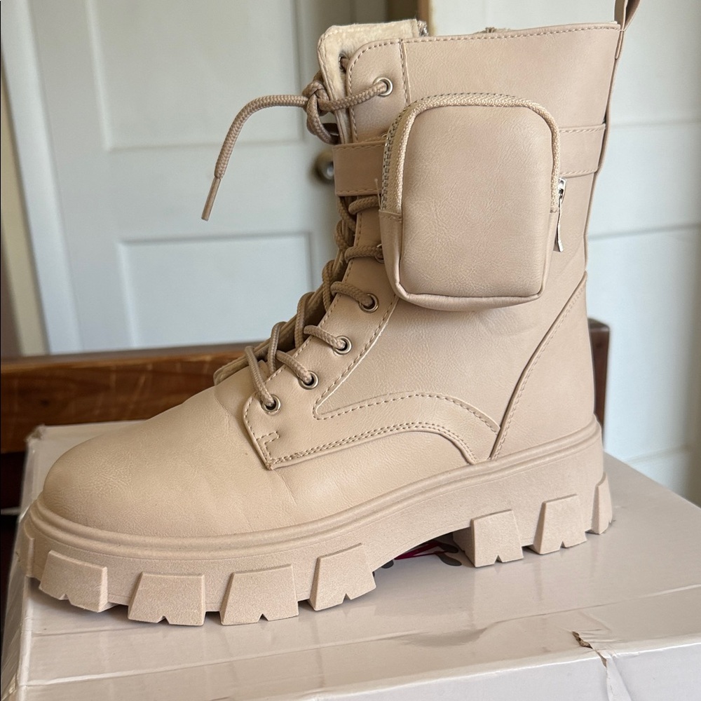 Olivia Miller Beige Combat Boots with Side Pocket